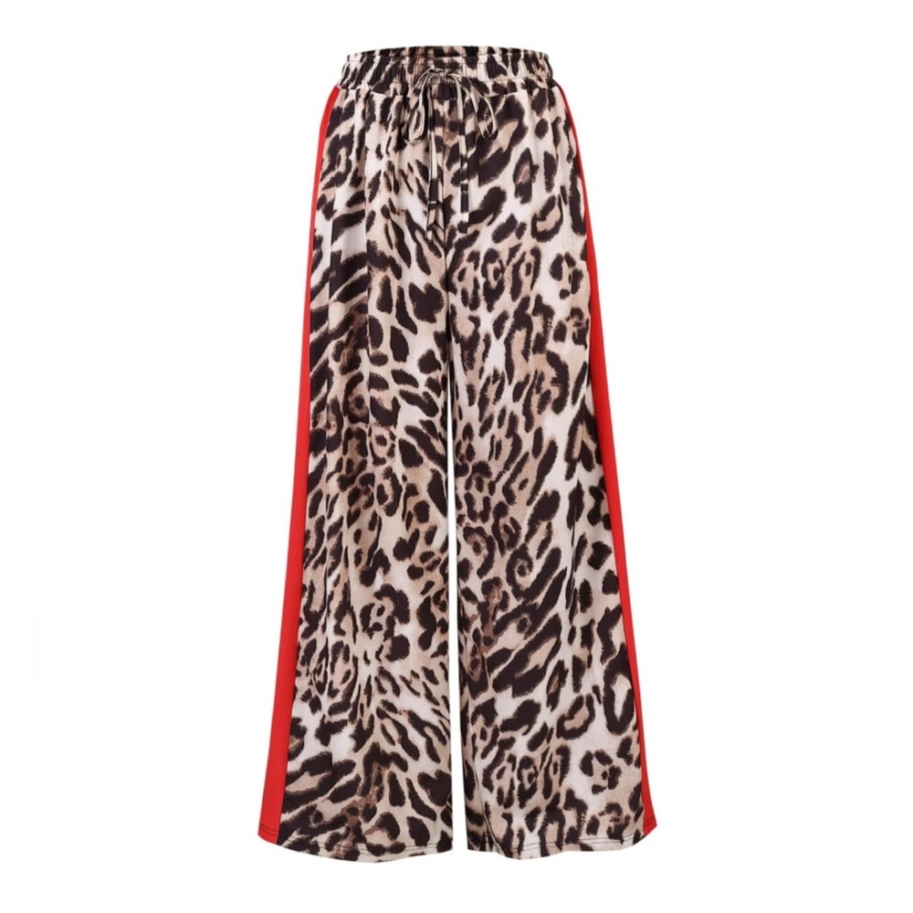 Leopard Print Wide Leg Palazzo Pants with Red Side Stripe | Elastic Waist - Picture 6 of 6